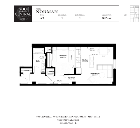 Floor plan for 1 bed, 1 bath, 625 sqft